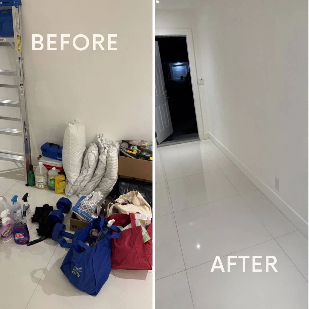 Before and after: a cluttered hallway cleared to an empty tile floor