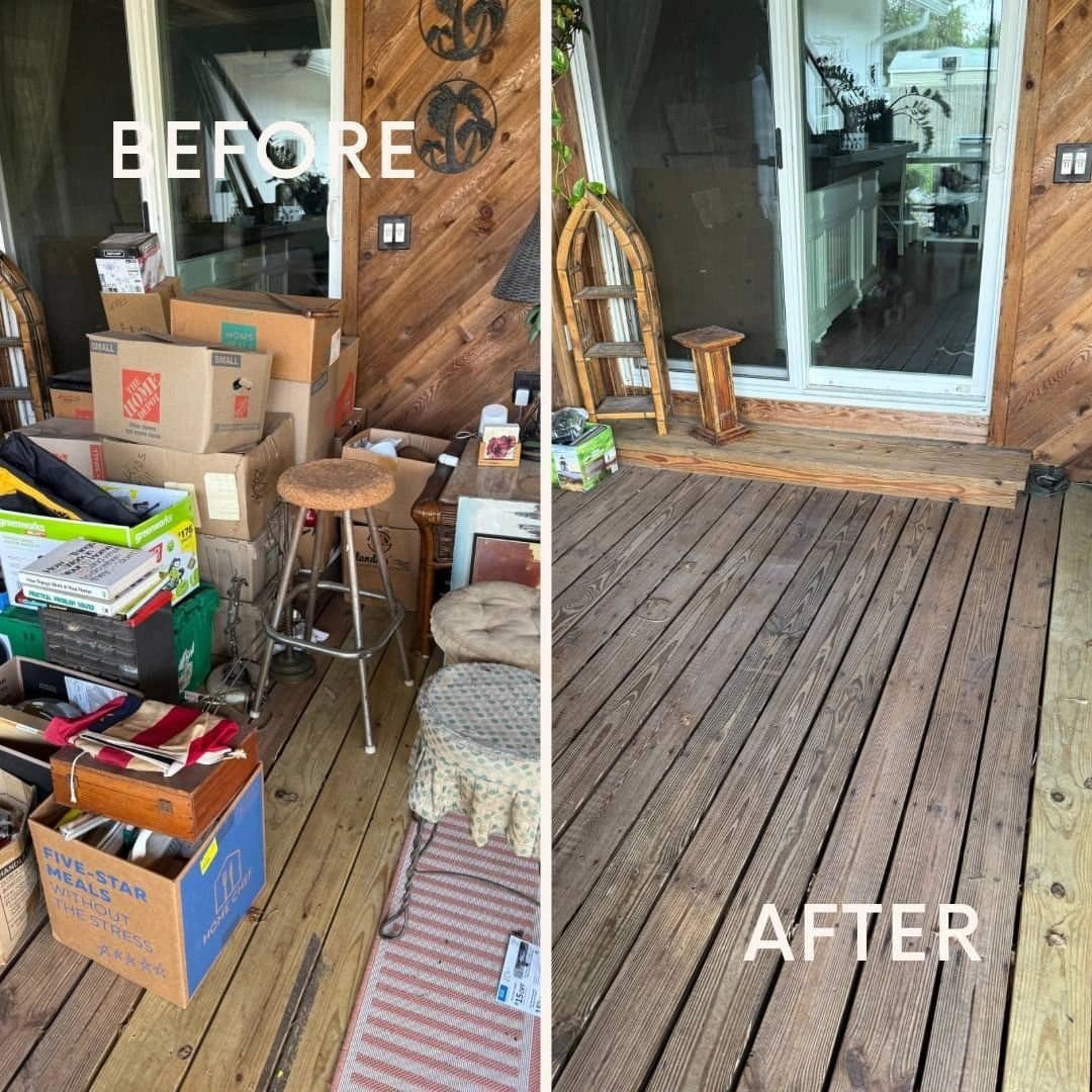Before and after: a porch stacked with boxes, cleared