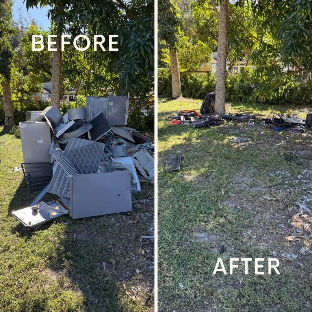 Before and after: a backyard pile of metal cabinets hauled away
